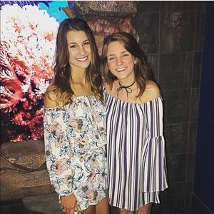 BLUE AND WHITE STRIPED OFF SHOULDER DRESS